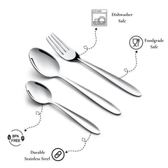 Glossy stainless steel cutlery set highlighting BPA-free, food-safe, dishwasher-safe, and durable material benefits.