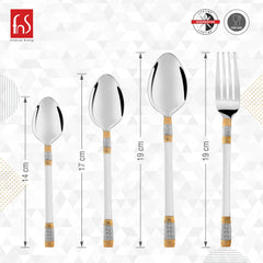 Four gold-accented cutlery pieces displayed with measurements: 14cm to 19cm in height.