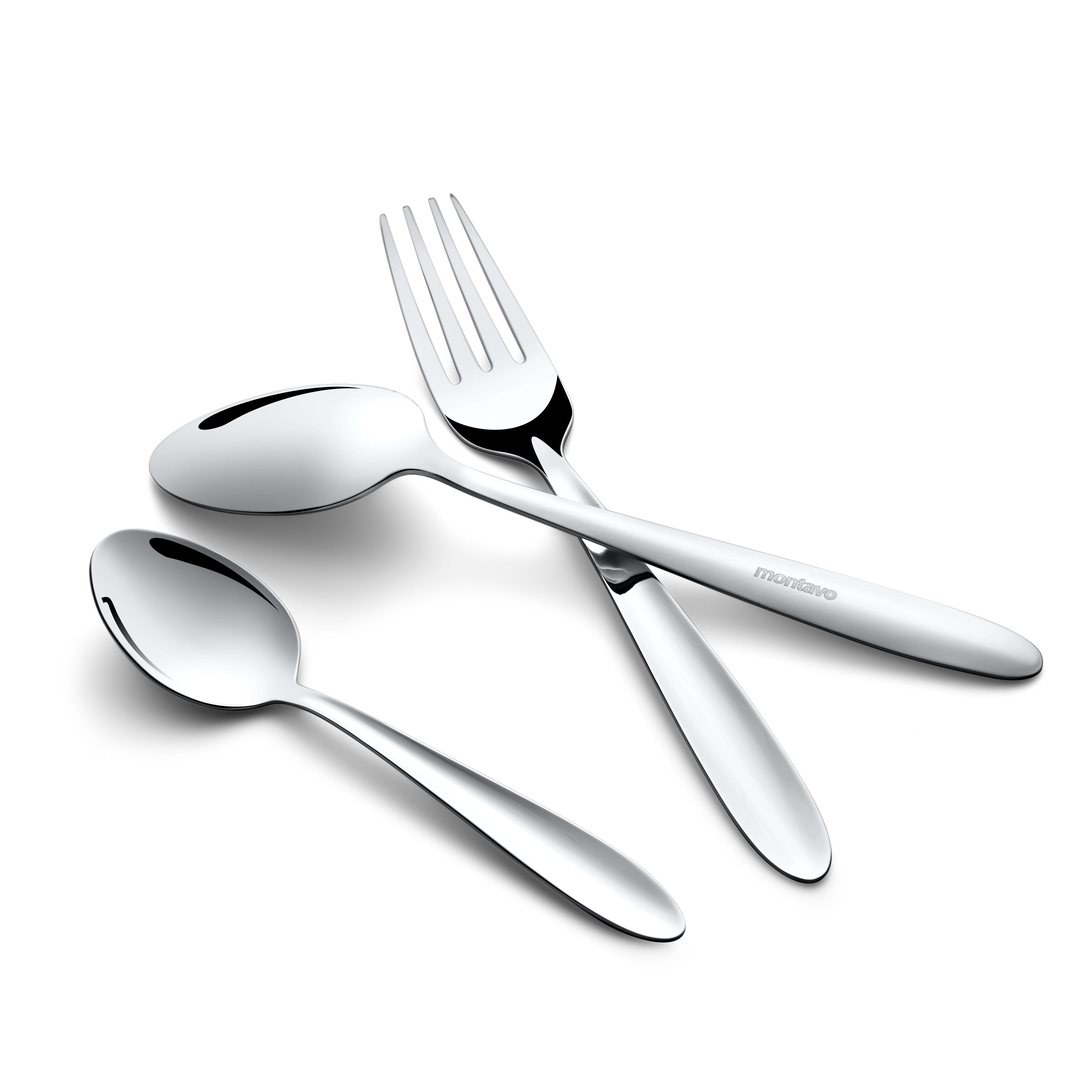 Modern silver cutlery trio casually arranged with overlapping handles, placed on a smooth white surface.