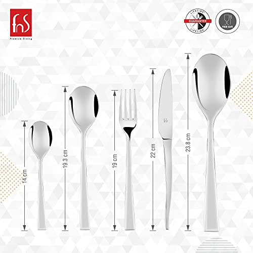 Infographic displaying lengths of five cutlery pieces, including teaspoon, fork, knife with guarantee and branding.