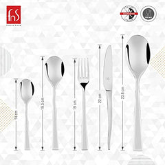 Infographic displaying lengths of five cutlery pieces, including teaspoon, fork, knife with guarantee and branding.