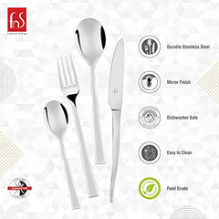 Silver stainless steel cutlery set with knife, fork, spoon; features dishwasher safe and food grade.
