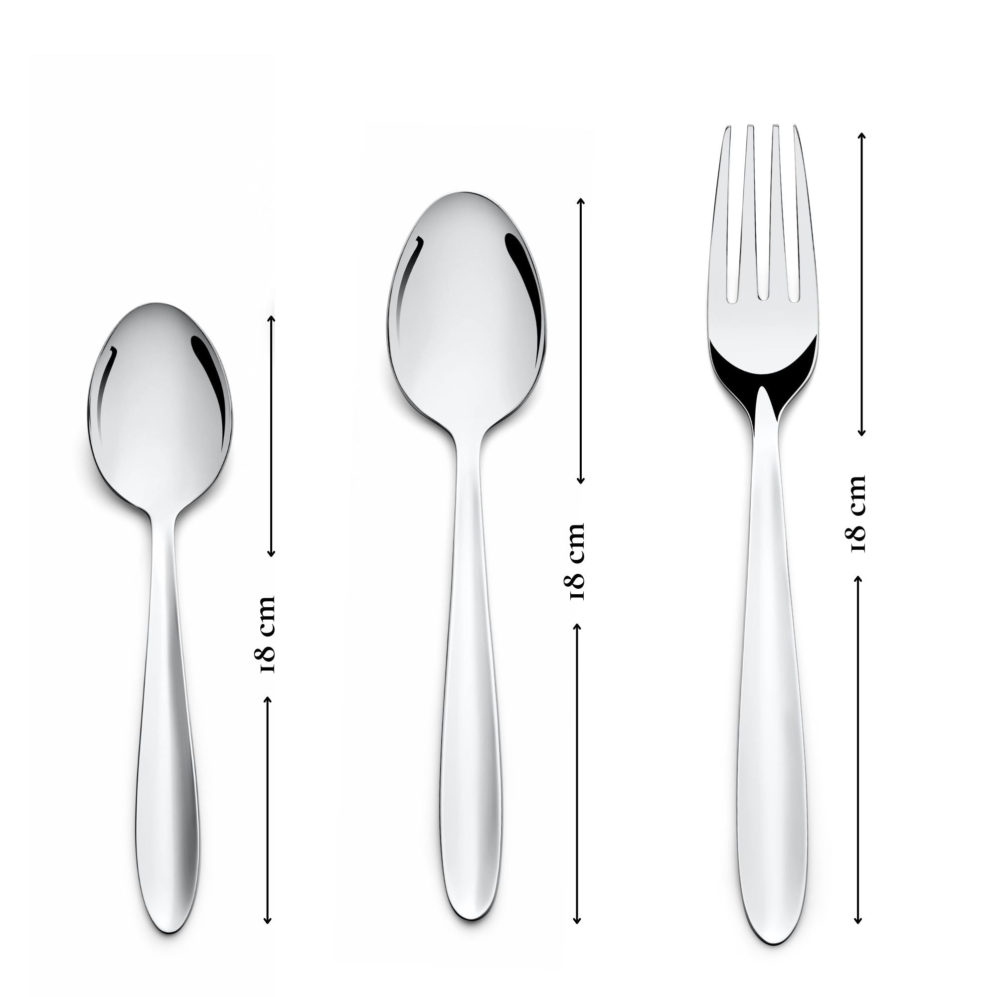 Three stainless steel pieces—spoon, dinner spoon, fork—each displayed with vertical dimension of 18 cm.