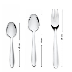 Three stainless steel pieces—spoon, dinner spoon, fork—each displayed with vertical dimension of 18 cm.