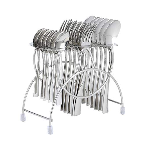 Complete stainless steel cutlery set organized in a sleek chrome-finish stand on white background.