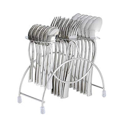 Complete stainless steel cutlery set organized in a sleek chrome-finish stand on white background.
