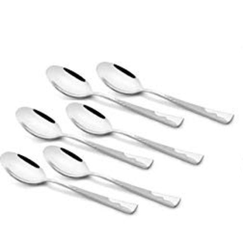 Six stainless steel dessert spoons with sleek modern handles arranged in rows on white background, mirror finish flatware set