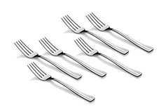 Set of six stainless steel dinner forks with grooved handles arranged neatly on white background.