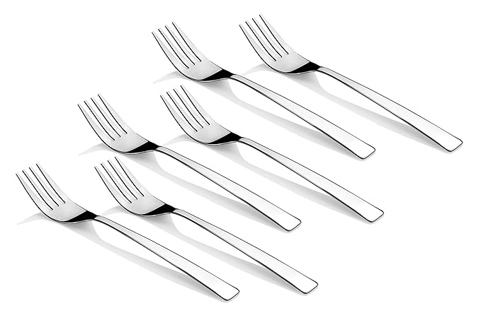 Six modern stainless steel dinner forks displayed in diagonal arrangement