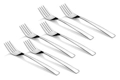 Six modern stainless steel dinner forks displayed in diagonal arrangement