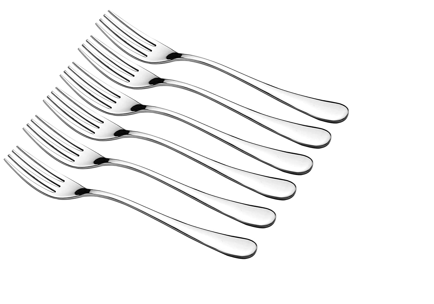Six polished stainless steel dinner forks arranged in diagonal formation