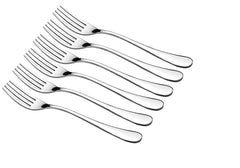 Six polished stainless steel dinner forks arranged in diagonal formation