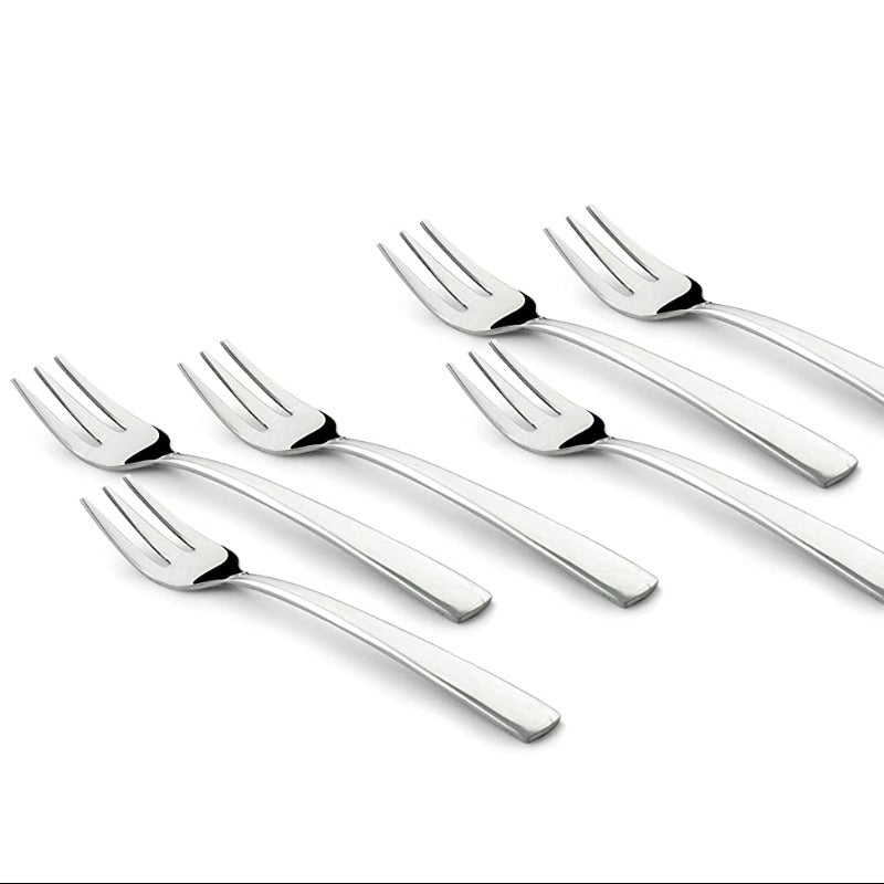 Six polished stainless steel dinner forks arranged diagonally on white background