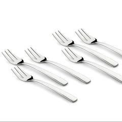 Six polished stainless steel dinner forks arranged diagonally on white background