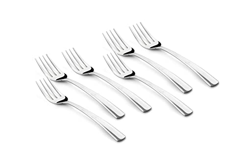 Six matching dinner forks with sleek, slightly curved handles displayed on a white background.