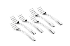 Six matching dinner forks with sleek, slightly curved handles displayed on a white background.
