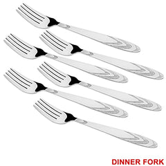 Six stainless steel dinner forks with engraved handles displayed on white background, labeled “DINNER FORK.”
