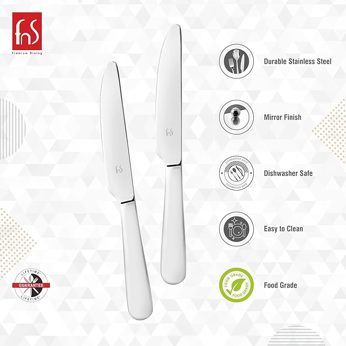 Product features infographic showing two butter knives highlighting durable stainless steel, mirror finish, dishwasher safe, easy clean, and food-grade safe certifications.