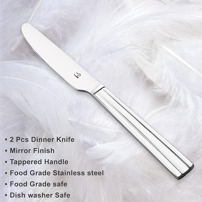Mirror finish stainless steel dinner knife with tapered handle displaying key features: food-grade safe, dishwasher safe, and durable construction on marble background.