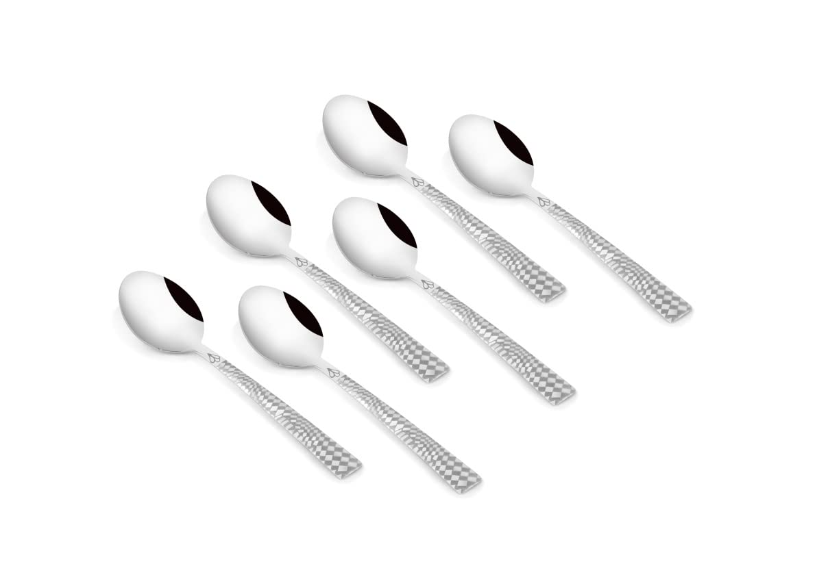 Set of six teaspoons with sleek checkered handles displayed in rows on plain white background.
