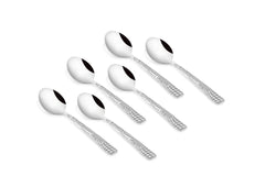 Set of six teaspoons with sleek checkered handles displayed in rows on plain white background.