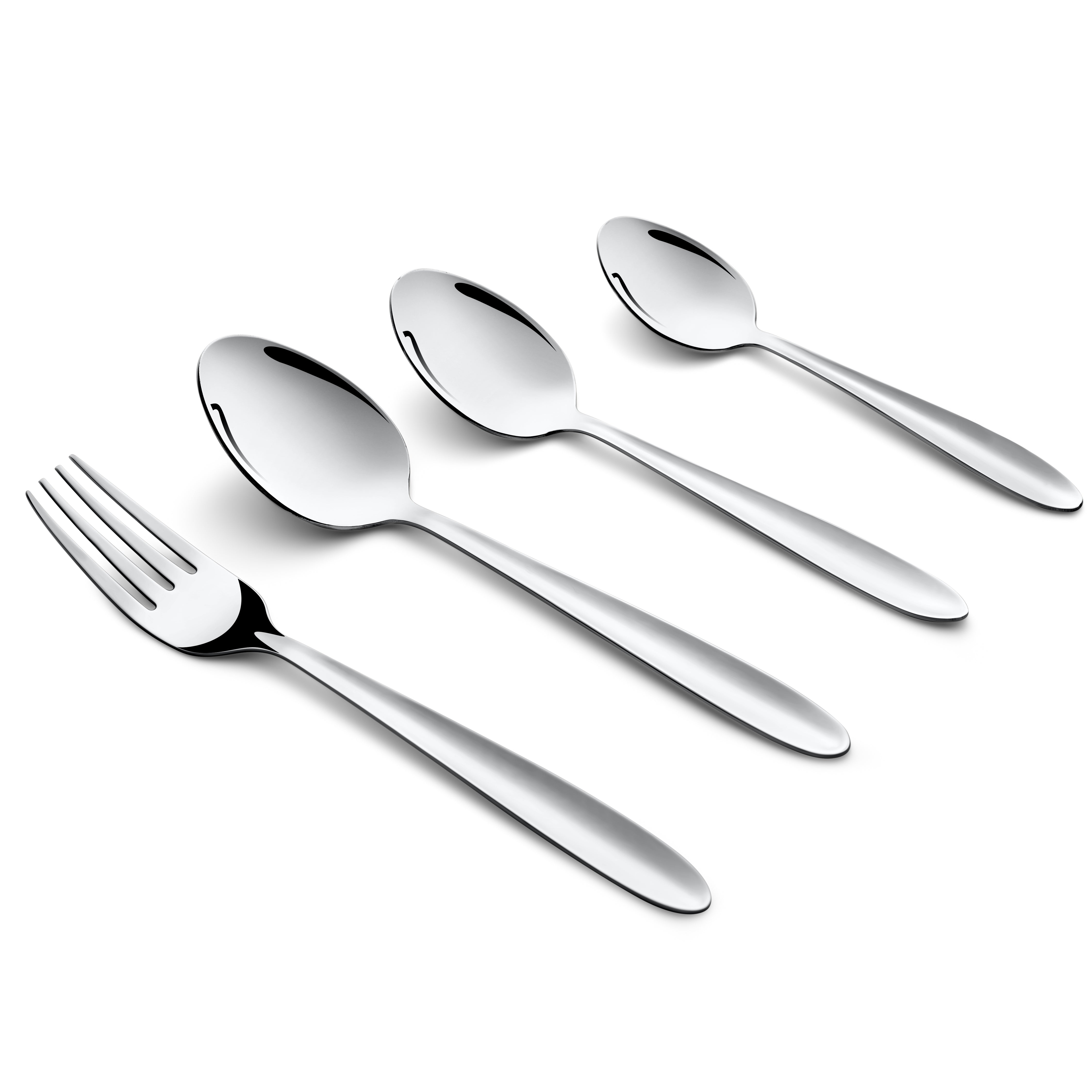 Modern stainless steel flatware set including fork and spoons, elegantly angled on white background.