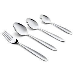 Modern stainless steel flatware set including fork and spoons, elegantly angled on white background.
