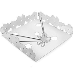 Stainless steel square napkin holder with floral cutout border design and center spring clip mechanism, on white background