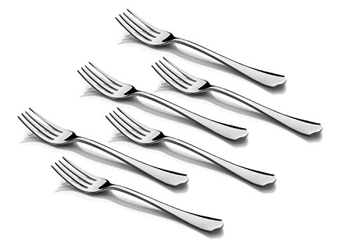 Set of six polished stainless steel forks with tapered handles arranged on a white background.