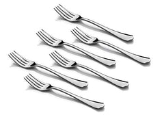 Set of six polished stainless steel forks with tapered handles arranged on a white background.