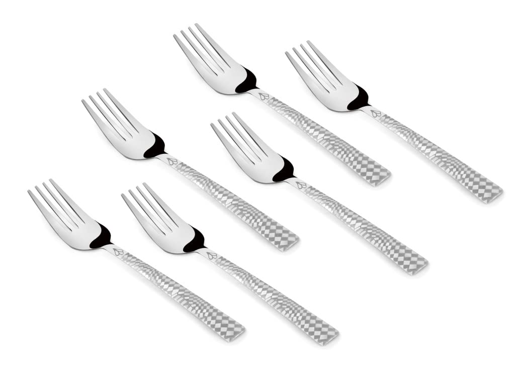Six stainless steel dinner forks arranged diagonally, featuring engraved checkered handles on white background.
