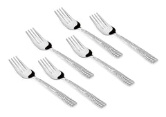 Six stainless steel dinner forks arranged diagonally, featuring engraved checkered handles on white background.