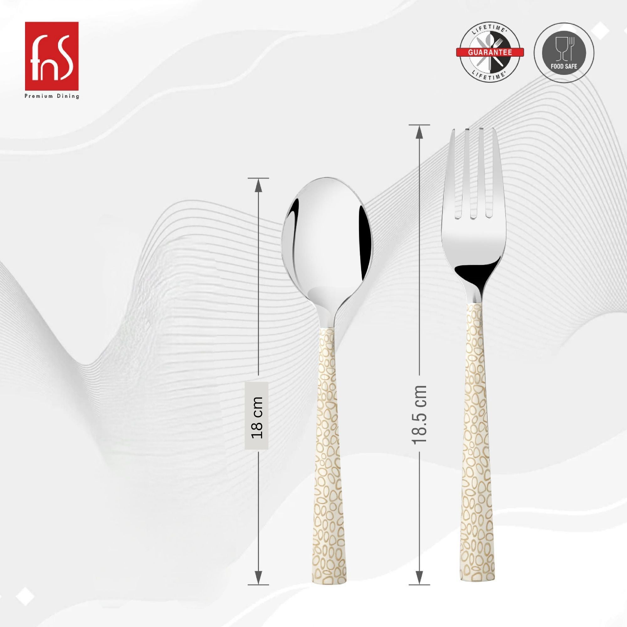 Graphic showing fork and spoon with cream handles, labeled with measurements and food-safe certification icons.