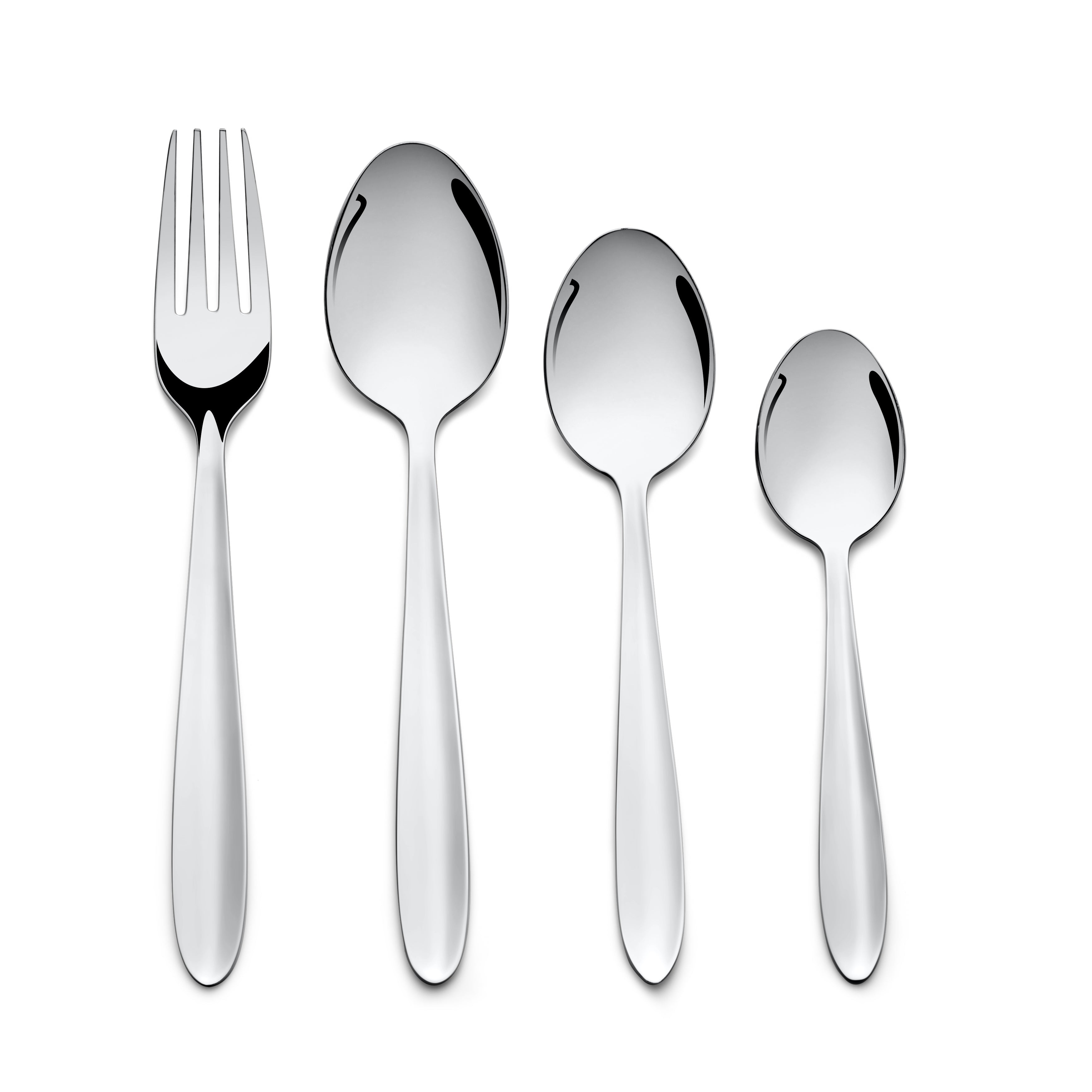 Overhead view of fork and three spoons with polished finish, aligned vertically on white background.