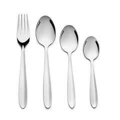 Overhead view of fork and three spoons with polished finish, aligned vertically on white background.