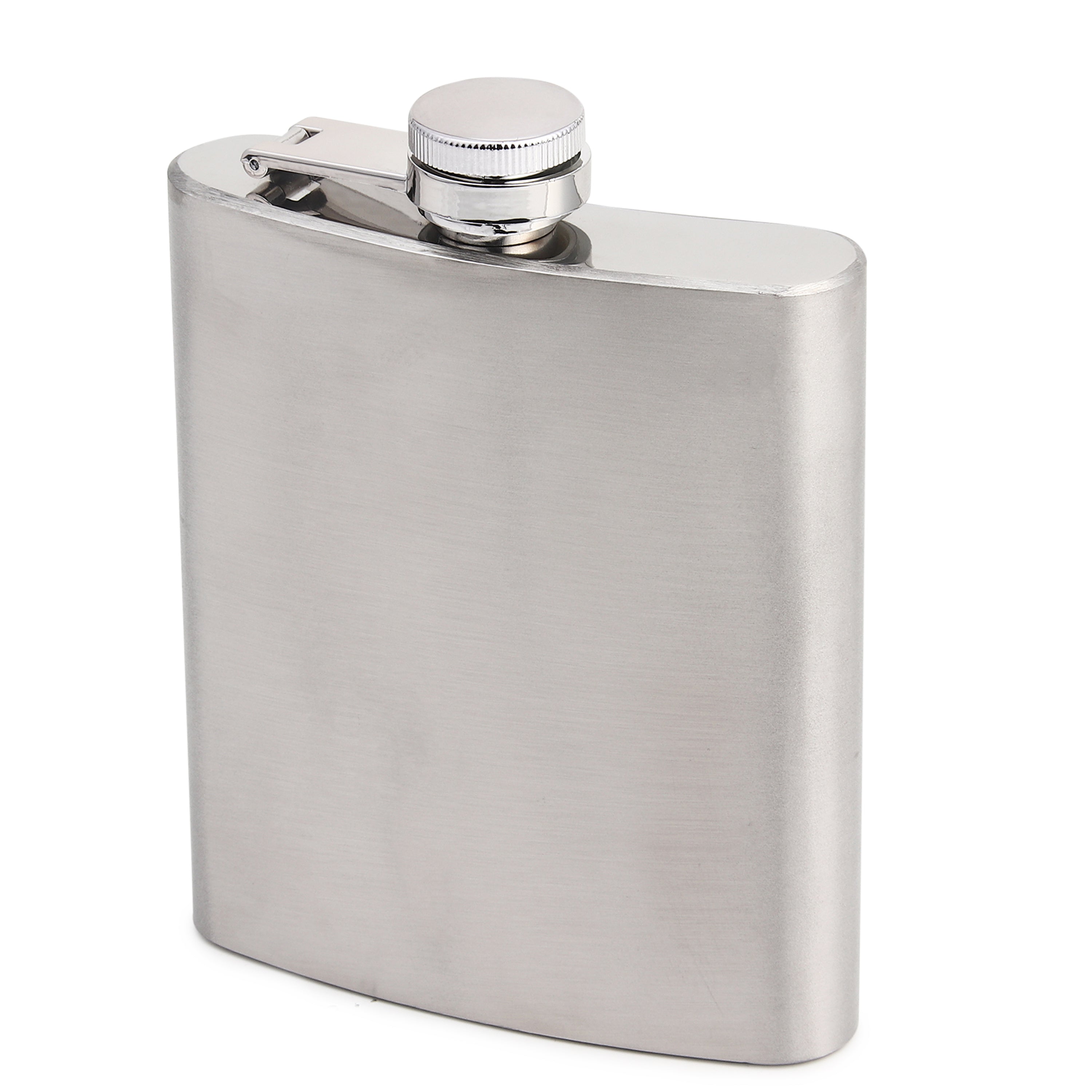 Brushed stainless steel hip flask with screw cap and hinged shot cup holder isolated on white background