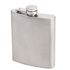 Brushed stainless steel hip flask with screw cap and hinged shot cup holder isolated on white background
