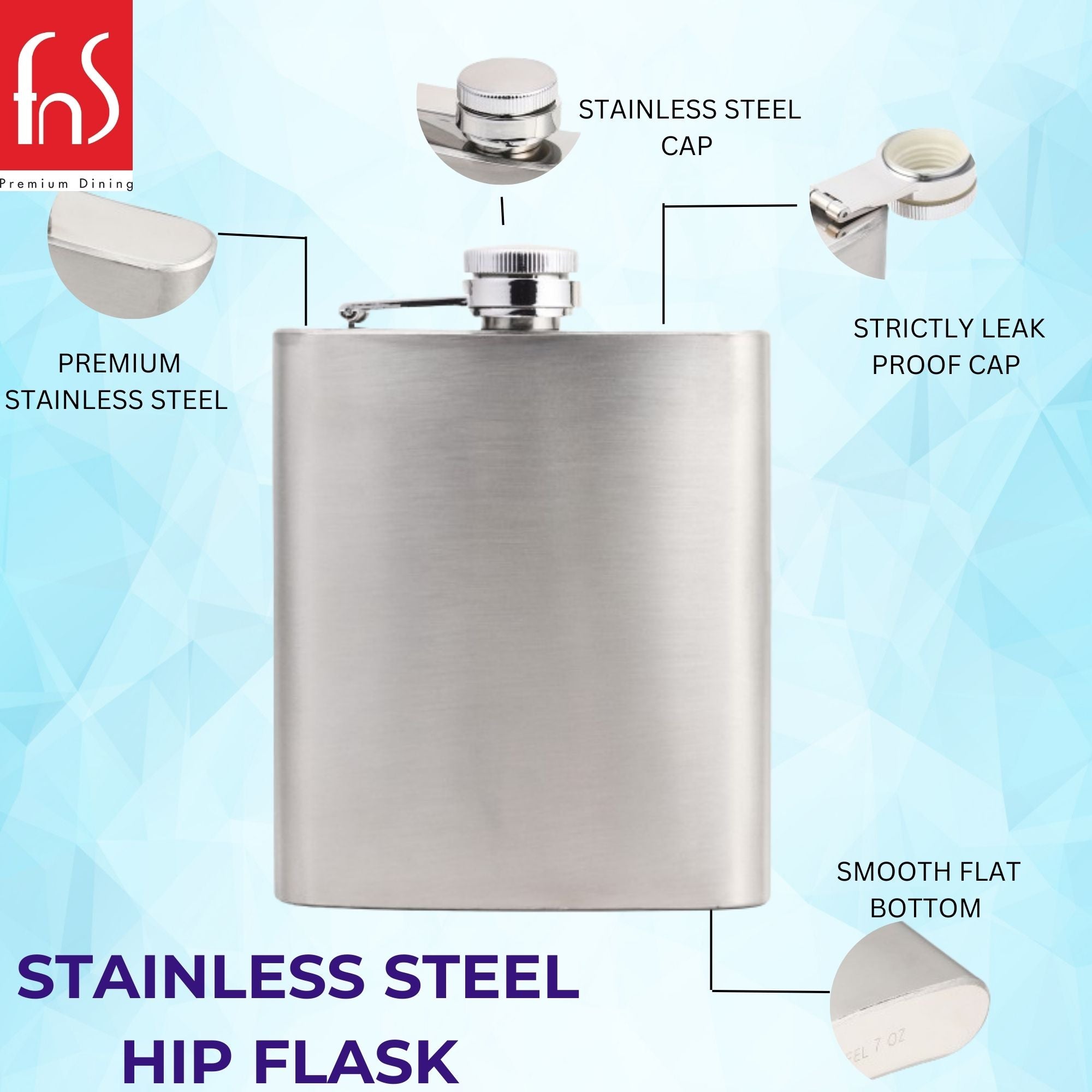 Stainless steel hip flask features infographic showing premium construction, leak-proof cap, smooth flat bottom, and strictly sealed design