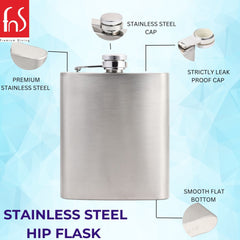 Stainless steel hip flask features infographic showing premium construction, leak-proof cap, smooth flat bottom, and strictly sealed design