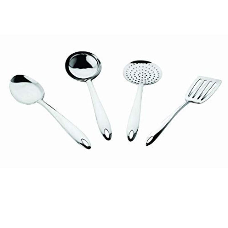 Four-piece stainless steel kitchen utensil set with serving spoon, ladle, perforated skimmer, and slotted spatula with hanging loops