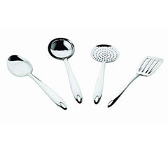 Four-piece stainless steel kitchen utensil set with serving spoon, ladle, perforated skimmer, and slotted spatula with hanging loops