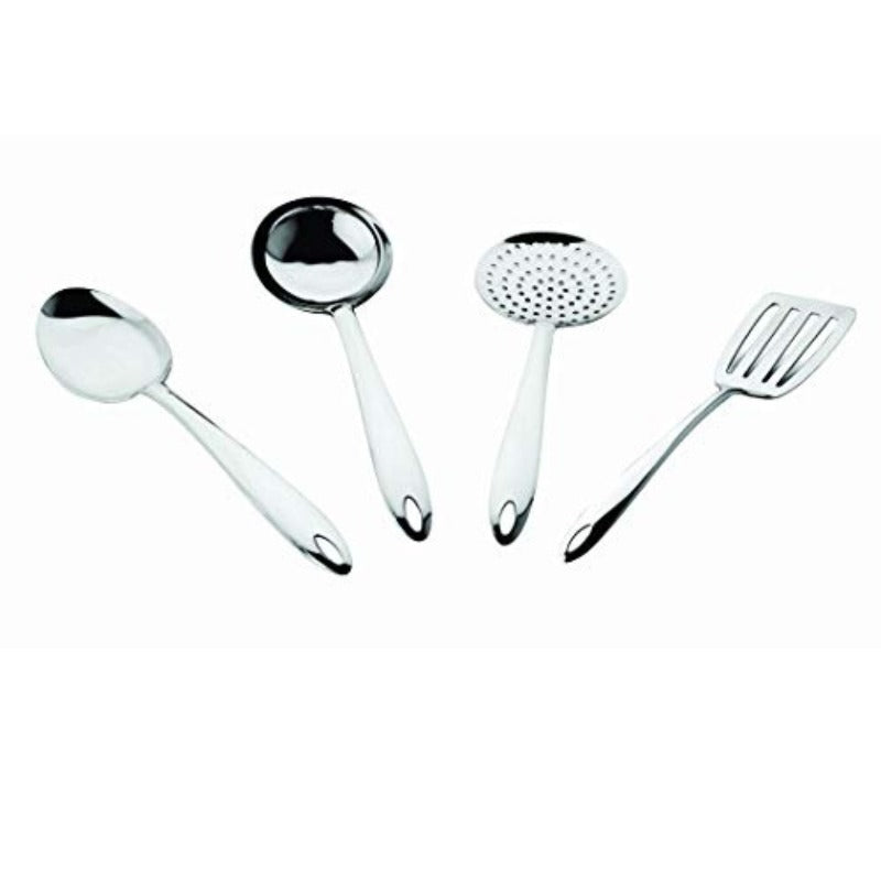 Four-piece stainless steel kitchen utensil set including serving spoon, ladle, skimmer, and slotted turner with hanging hooks