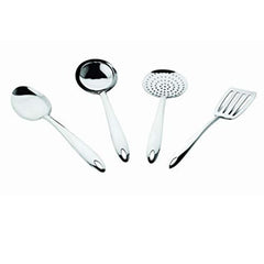 Four-piece stainless steel kitchen utensil set including serving spoon, ladle, skimmer, and slotted turner with hanging hooks