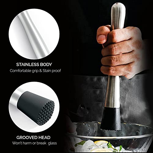 Cocktail muddler features infographic showing stainless steel body with comfortable grip and grooved head that won't break glass