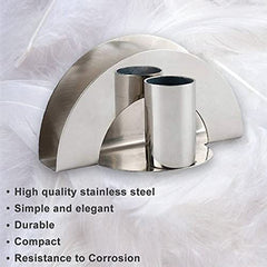 Stainless steel napkin and toothpick holder set with feature highlights: high quality, simple, elegant, durable, compact, and corrosion resistant
