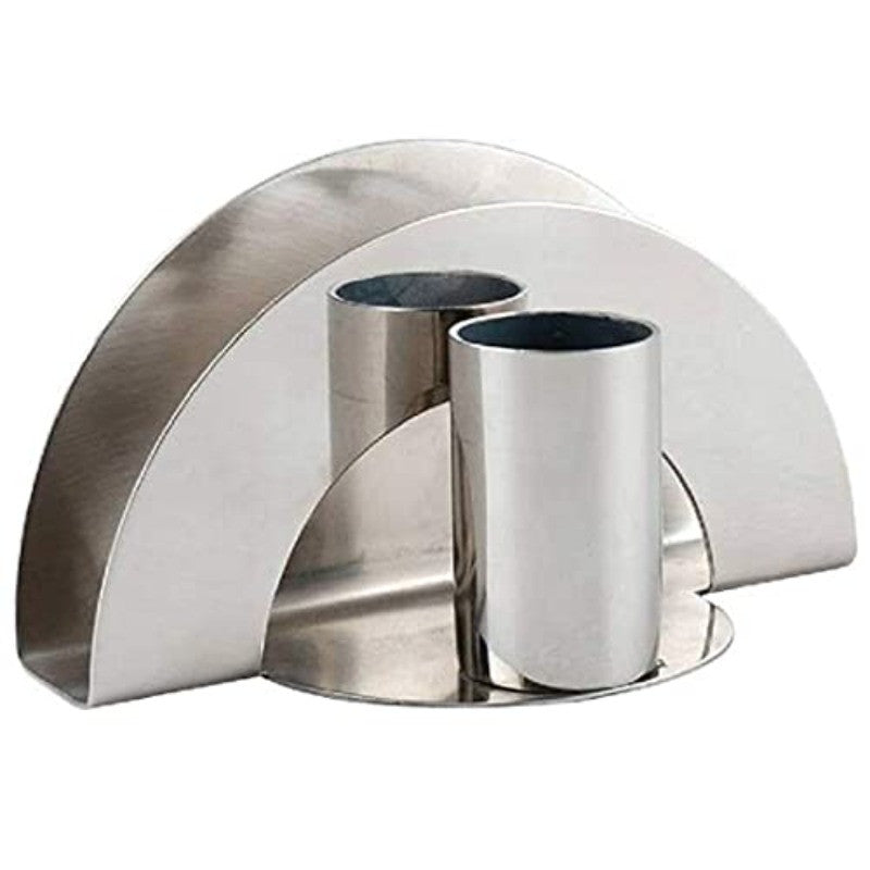 Stainless steel arch-shaped napkin holder with two cylindrical holders, showcasing brushed and mirror finish on white background