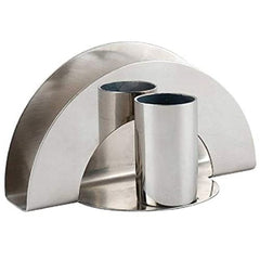 Stainless steel arch-shaped napkin holder with two cylindrical holders, showcasing brushed and mirror finish on white background