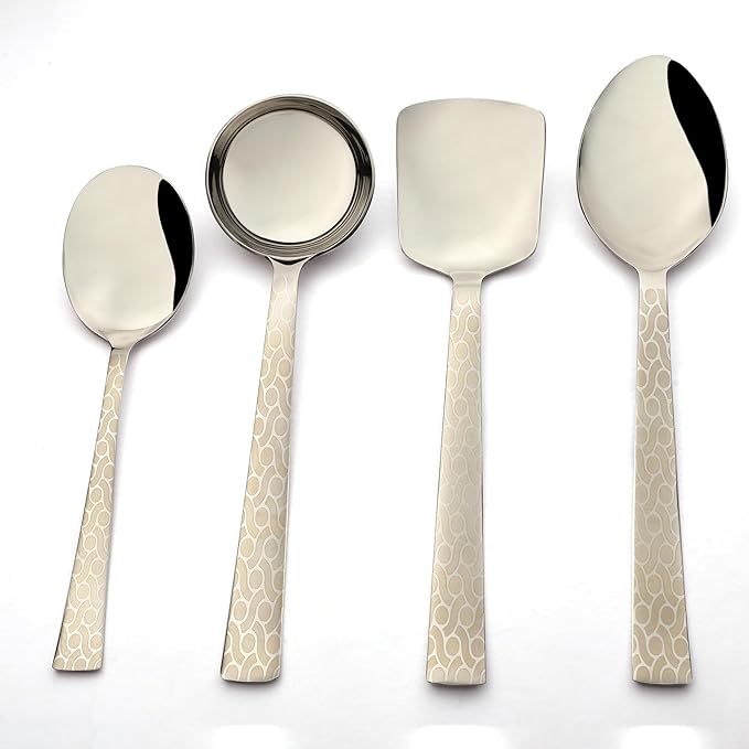 Four-piece Pacific serving utensil set with mirror-polished steel heads and decorative pebble-textured cream-colored handles