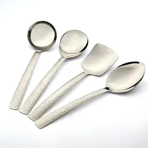 Stainless steel pebble pattern serving utensils including ladle, serving spoon, spatula, and tablespoon