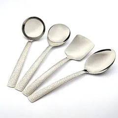 Stainless steel pebble pattern serving utensils including ladle, serving spoon, spatula, and tablespoon